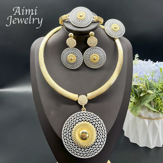 Large Round Pendant 18K Gold Plated Jewelry Set for Women Necklace Earrings Bracelet Ring African Bridal Wedding Party Gifts