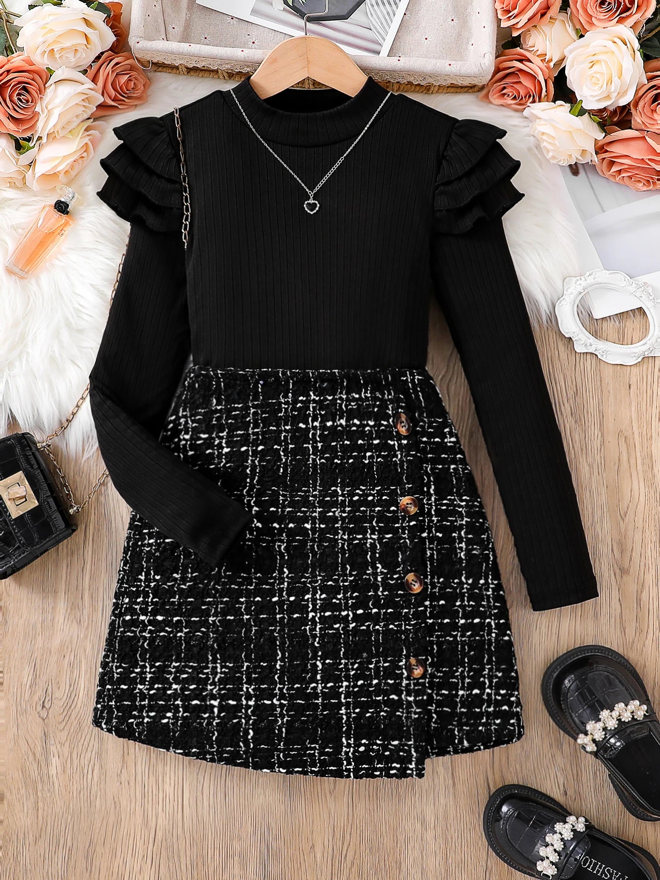 Kids fashion Fall Set 2 piece girls black high neck layered petal sleeve long sleeve top + A-line skirt