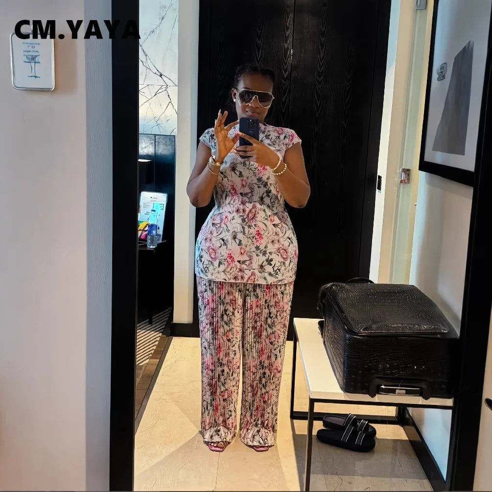 Women Set Floral Print Short Sleeve Pleated T-Shirt + Wide Leg Pants 2025 Street Sexy Two 2Piece Sets Outfits Tracksuit