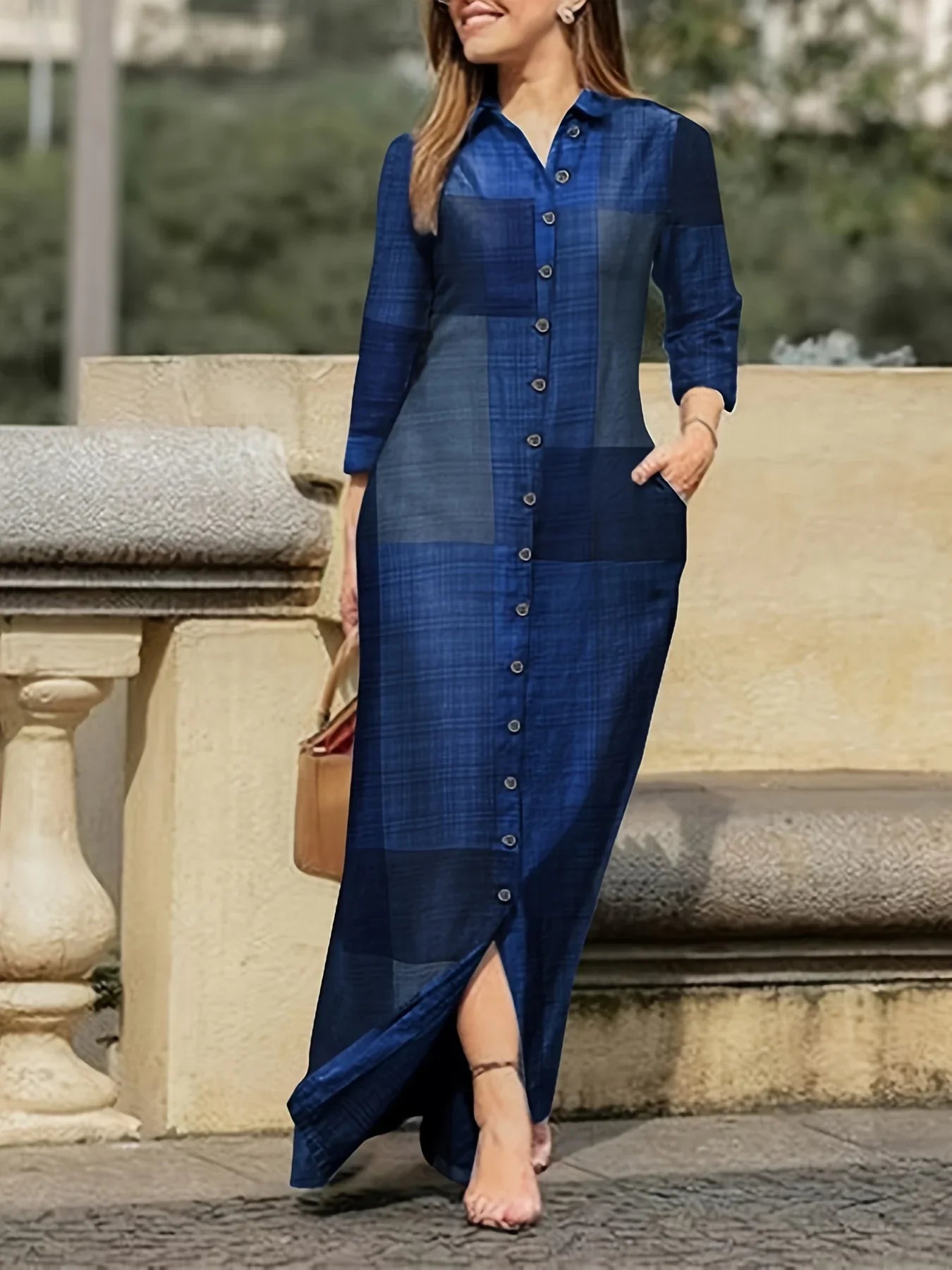 Plus Size Women Shirt Long Skirt Holiday Casual Lapel Robe Long Sleeve Floral Print Dress Single Row Button Extended Wide Style