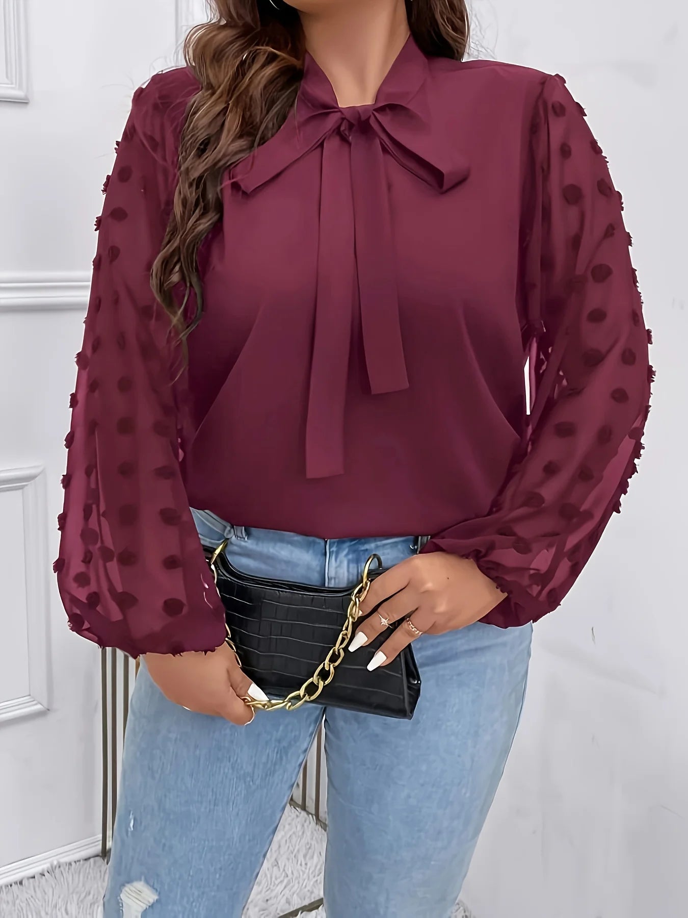Plus Size Spring Autumn Women Elegant Bow Tie Neck Shirt Office Lady Fashion Solid Curve Clothing Casual Long Sleeve Tops
