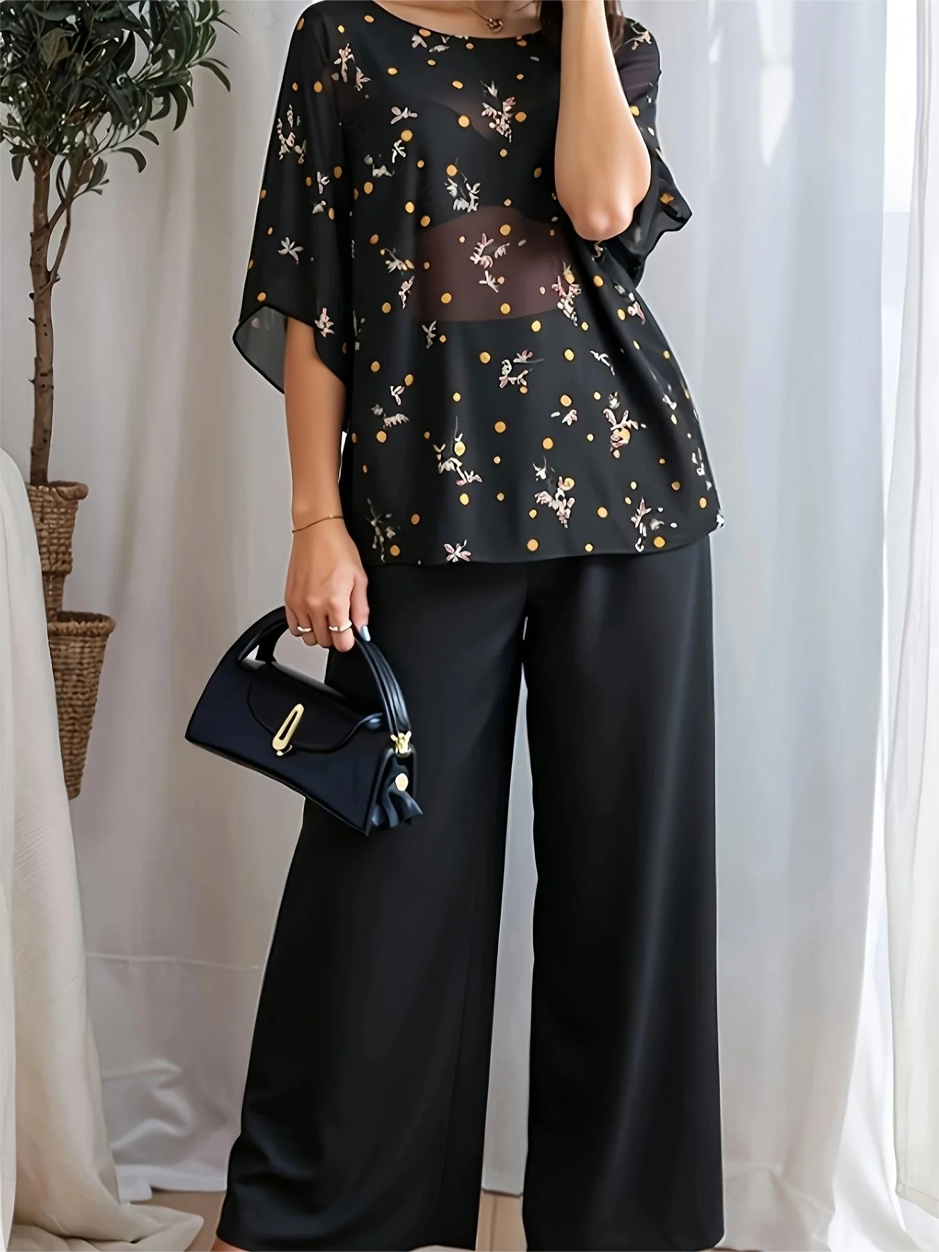 Plus Size Women's Black Floral Dot Batwing Sleeve Top + Wide Leg Pants 2-Piece Set - Elegant Casual Daily Style (0XL-4XL)