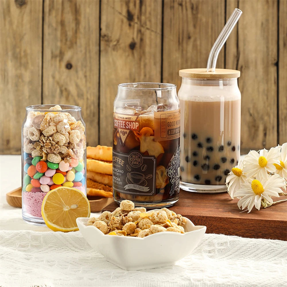2/4/6pcs Glass Can Shaped Cups with Spill-Proof Lids and Straws 500ml Glass Cup with Bonus Straw Brushes Perfect Birthday Gift