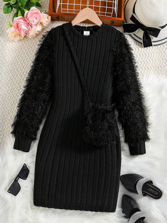Four seasons light casual fashion girls formal dress solid color pit striped round neck long sleeve plush girl shoulder bag dres