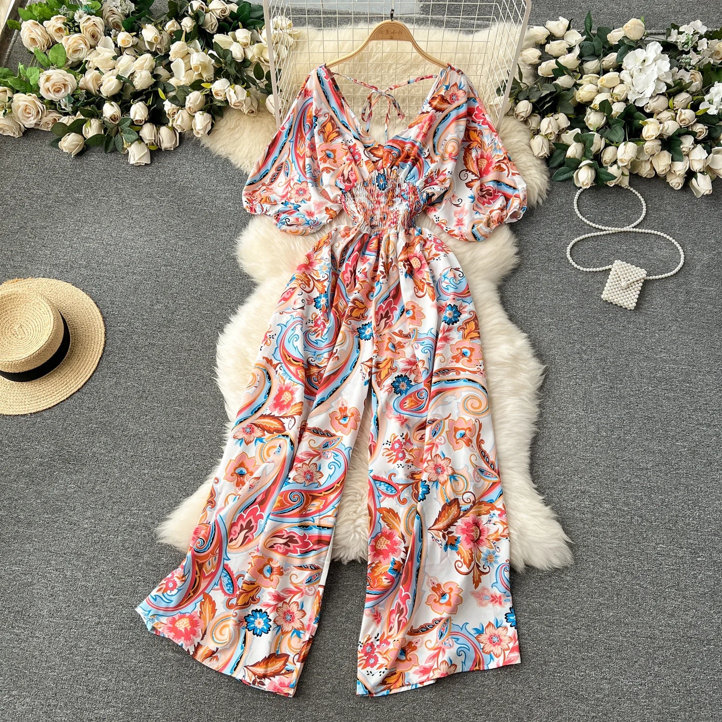 V Neck Sexy Dolman Sleeves Waist Slim Polka Dot Print Jumpsuit Women Wide Leg Trousers Jumpsuit
