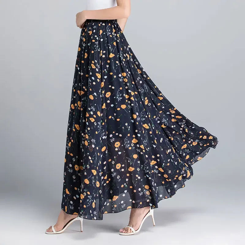 Chiffon Floral Maxi Summer Skirt Women Long High Waist Holiday Dance Skirt Elegant Beach Boho Hot Sale Lady Vintage Girl Fairy