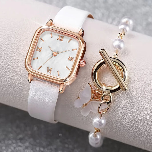 2pcs/set Fashion Women PU Band Square Dial Watch With Bracelet (Box Not Included)