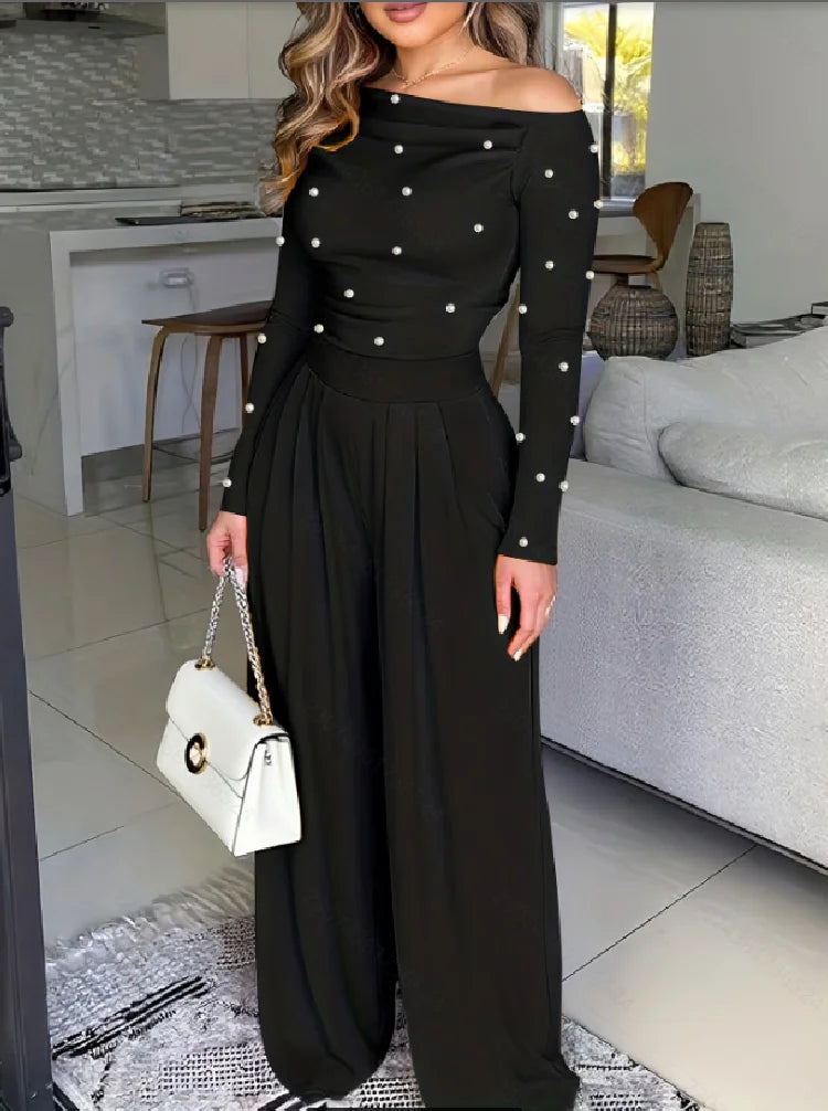 Fashionable Pure Color Off-Shoulder Pearl Long Sleeve Dress New Arrival Elegant One-Piece Suit for Women