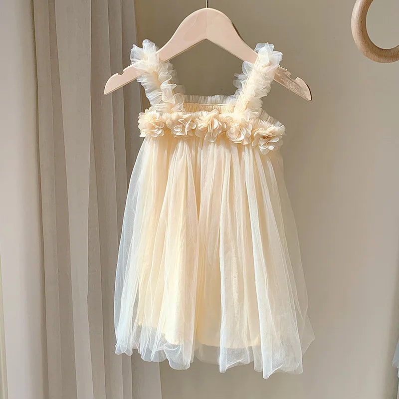 Kids Sweet Mesh Dress 1-6T Summer Children Mesh Tulle Princess Slip Tutu Dresses Girls 6 Colors 3D Flower Mermaid Birthday Dress