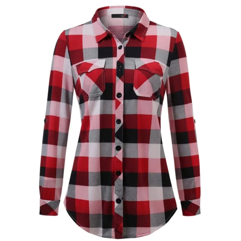 Women's  fashion Casual Plaid Button-Down Shirt