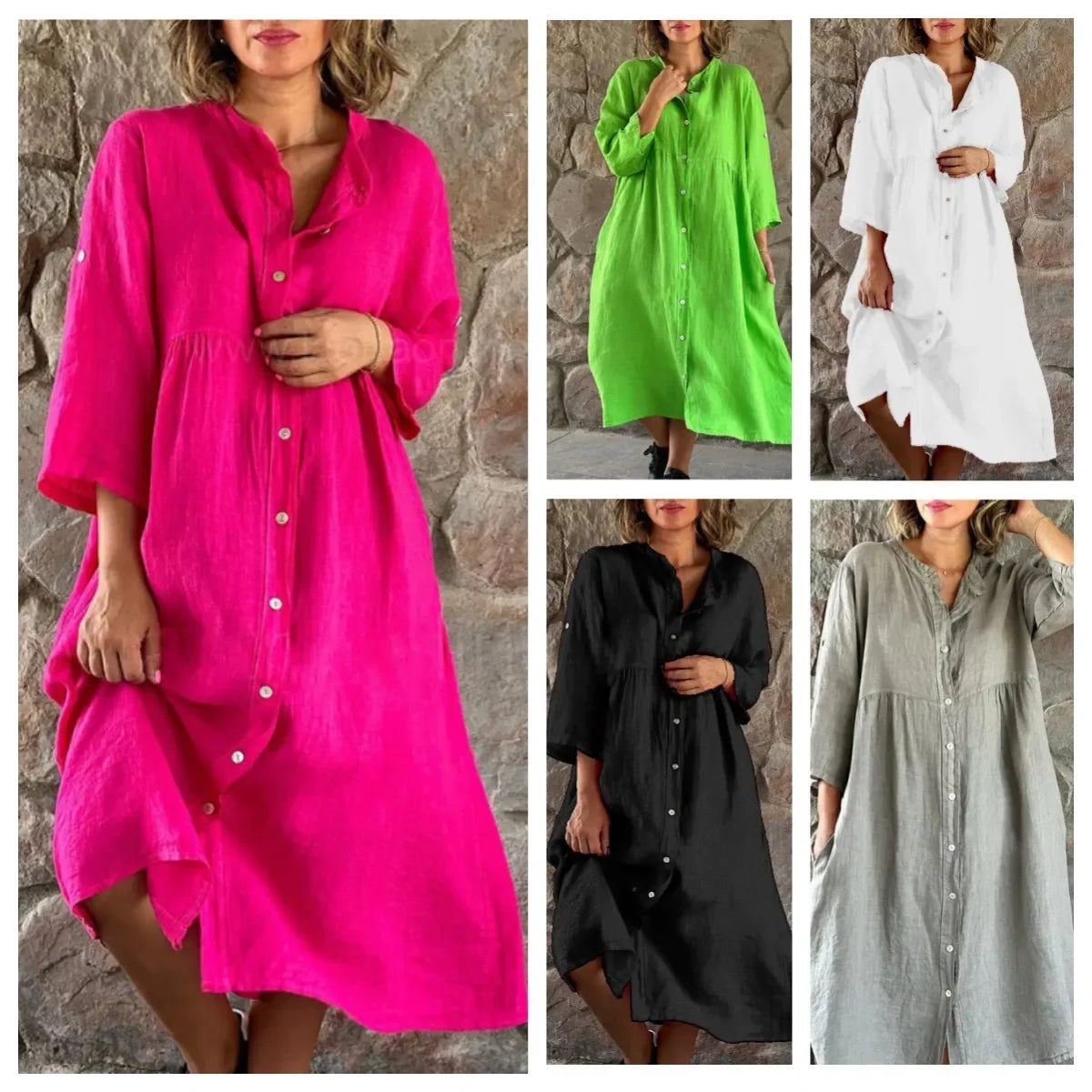 Casual Cotton Linen Long One-piece Pure Color Button-down Women's Dress Cross-border New Style Ankle-length Regular Sleeve