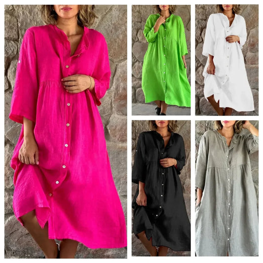 Casual Cotton Linen Long One-piece Pure Color Button-down Women's Dress Cross-border New Style Ankle-length Regular Sleeve