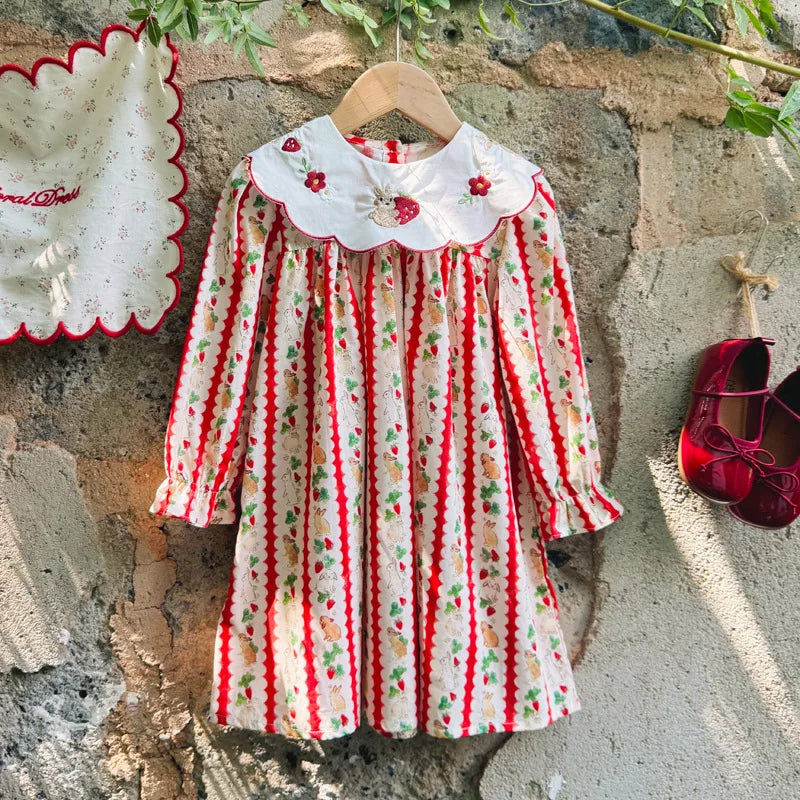 Retro Girls Dress 2025 Autumn New Toddler Kids Girls Cute Print Long-sleeved Sweet Princess Dress