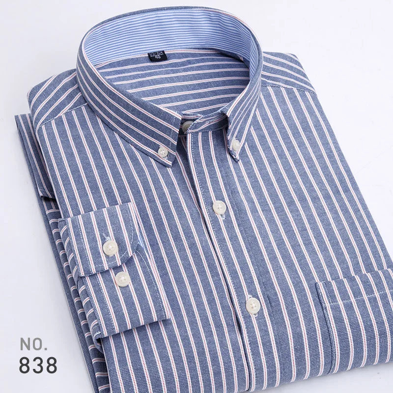 Mens Striped Plaid Oxford Spinning Casual Long Sleeve Shirt Comfortable Breathable Collar Button Design Slim Male Business Dress