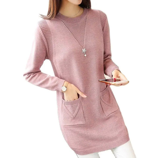 Solid Long Sweater Women Clothing 2025 New Korean Pocket Knit Sweater Dress Casual Warm Loose O neck Long sleeve Ladies Pullover