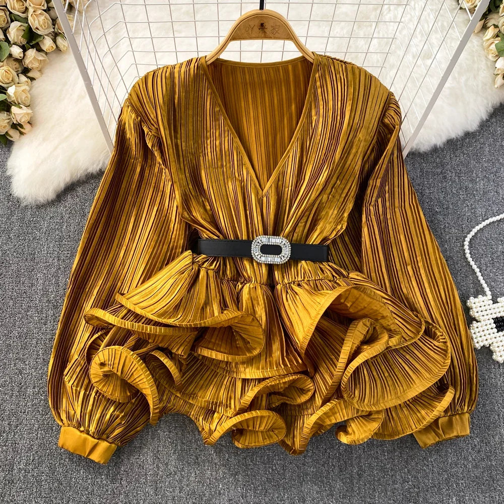 2026 Blusas Mujer De Moda Temperament Blouses Women Lantern Sleeve V-neck Slim Waist Shirts Folds Ruffles Vintage Blouse Tops