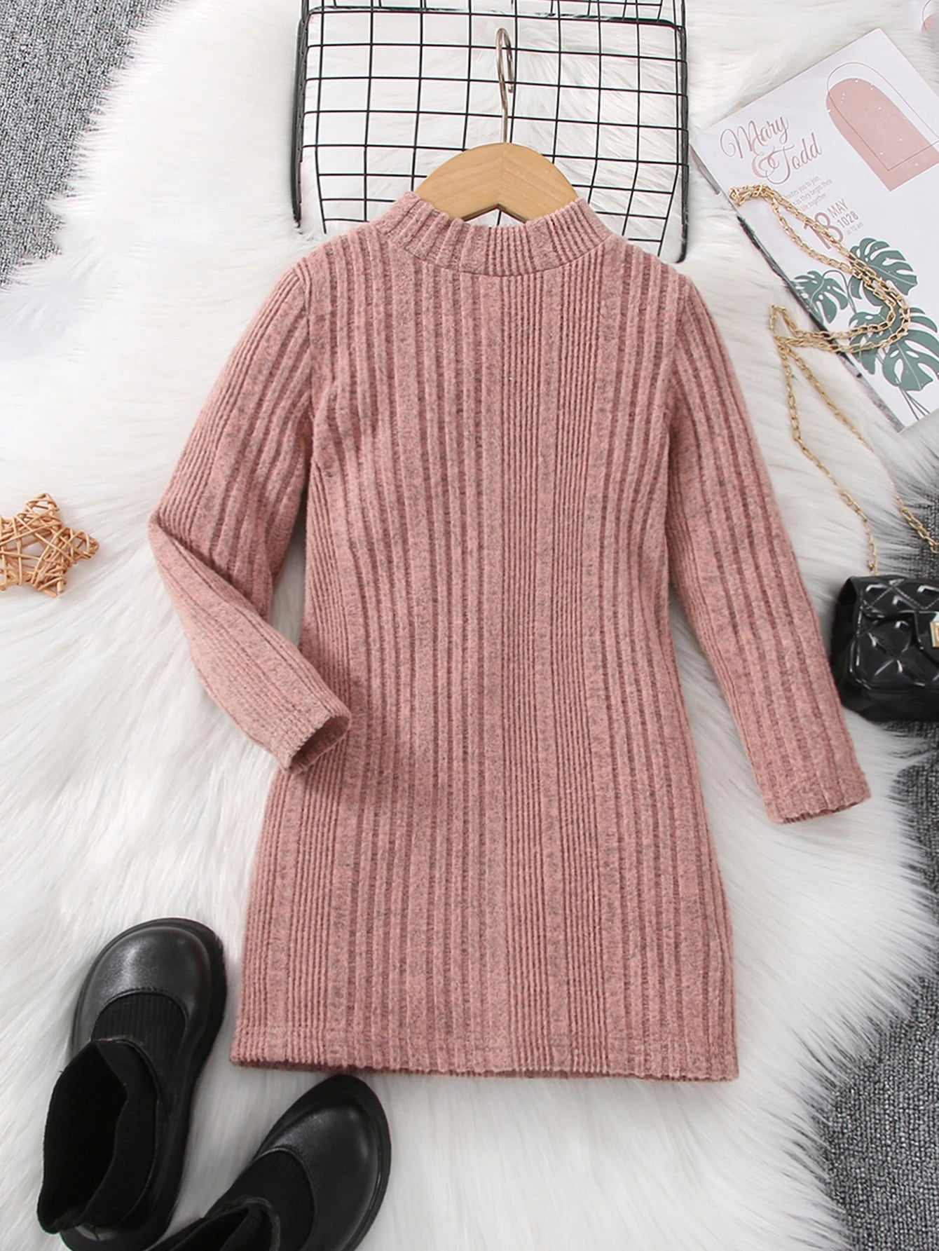 Autumn and winter girls' long sleeved round neck solid color pit stripe casual fashion cute knitted dress