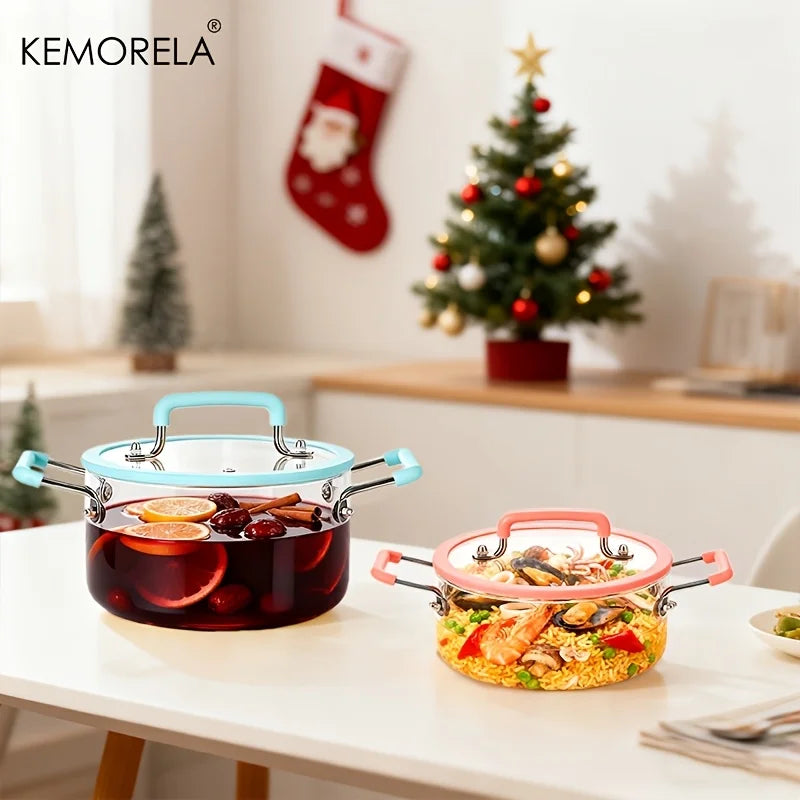 1PCS Glass Saucepan with Lid Multiple Capacity Options Heat-Resistant Glass Cooking Pot Dual Handle Soup Pot Kitchen Cooking