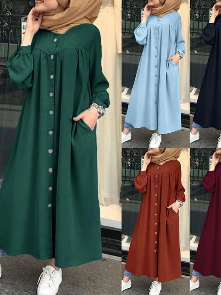 S-5XL Muslim Dress Women hijab Shirt  Long Sleeve Maxi Vestidos Female Button Robe femme musulman High Wasit Solid Sundress