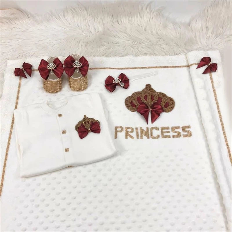 Baby Girl Boy Princess Prince Hospital Exit Newborn Bling Outfits Baby Bottles Gift Set Baby Shower Gift 5pcs Crown Romper