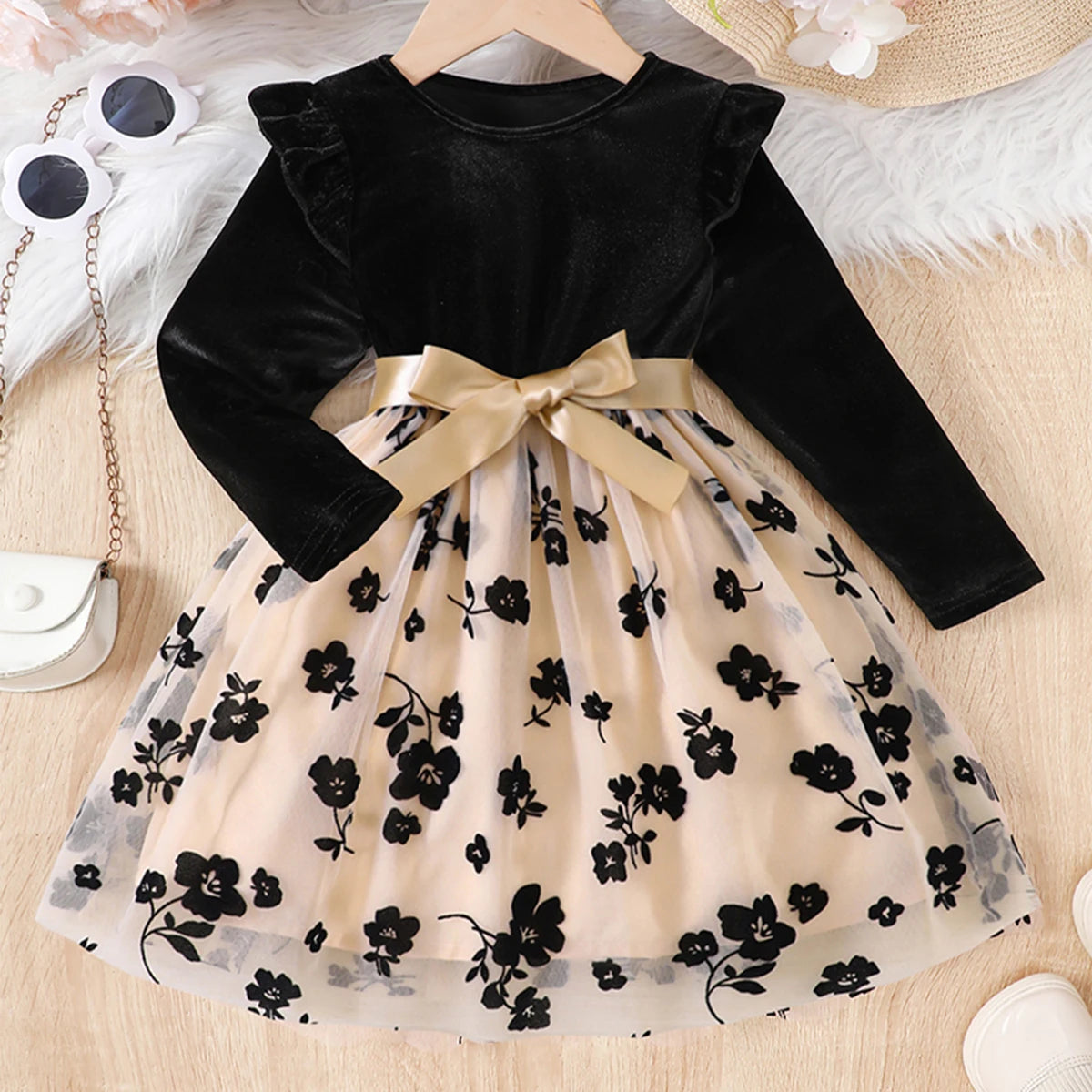 Girls Casual Long Sleeve Velvet Flying Sleeve Ruffled Flower Flocked Mesh Dress Princess Dress Holiday Party Gift with Ribbon