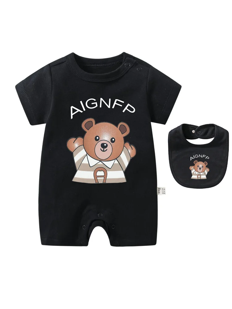Cute Bear Romper Newborns Clothes 2025 Summer Hot Sale New Toddler Boys Jumpsuit %100 Cotton Soft Bib scarf 2Pcs Set Baby Romper