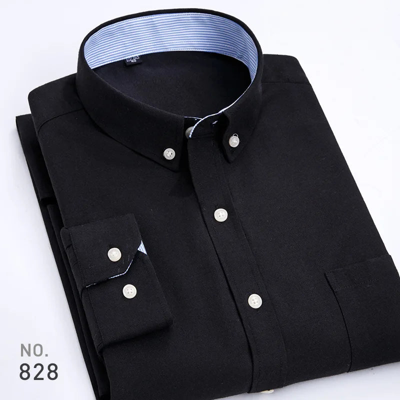 Mens Striped Plaid Oxford Spinning Casual Long Sleeve Shirt Comfortable Breathable Collar Button Design Slim Male Business Dress