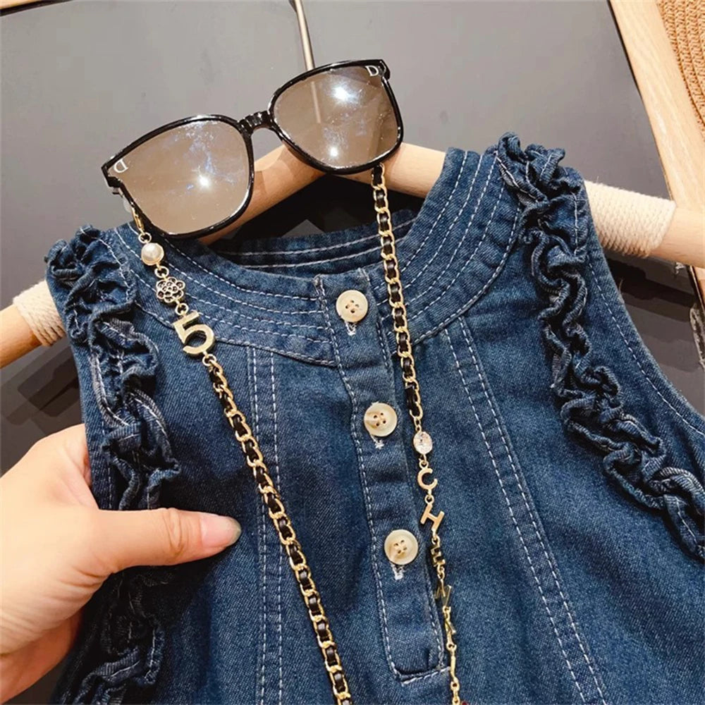 Bear Leader Summer 2024 New Girl Fungus Edge Solid Color Three-Button Classic Denim Sleeveless Vest Dress