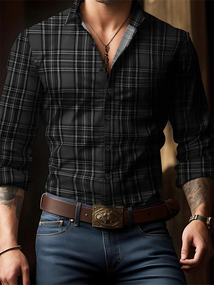 Men's New Spring And Autumn Button Down Shirt Check Print Long Sleeve Luxury Shirt Flip Lapel Oversized Outdoor Street Shot Tops