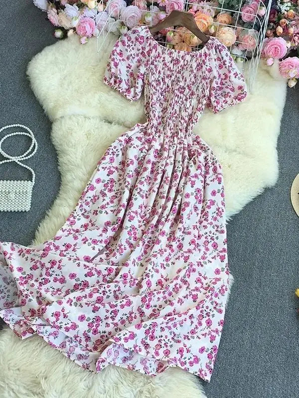 Beach Vacation Floral Print Dress Women Puff Sleeve Square Collar High Waist Dresses Korean Fashion Party Long Dress