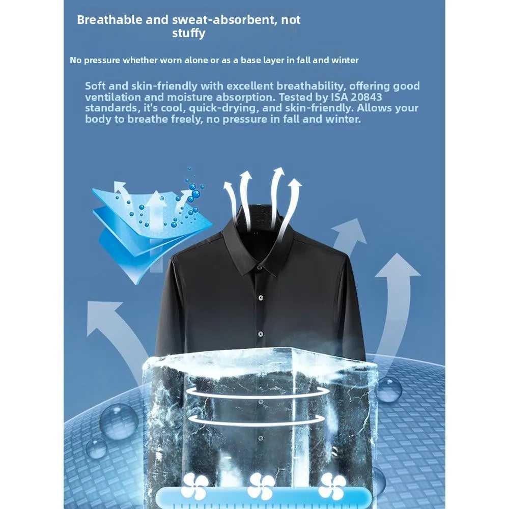 Business Casual Men's Long Sleeve Shirt Anti-Wrinkle Iron-Free Premium Ice Silk Black Slim Fit Polyester Fiber Square Collar