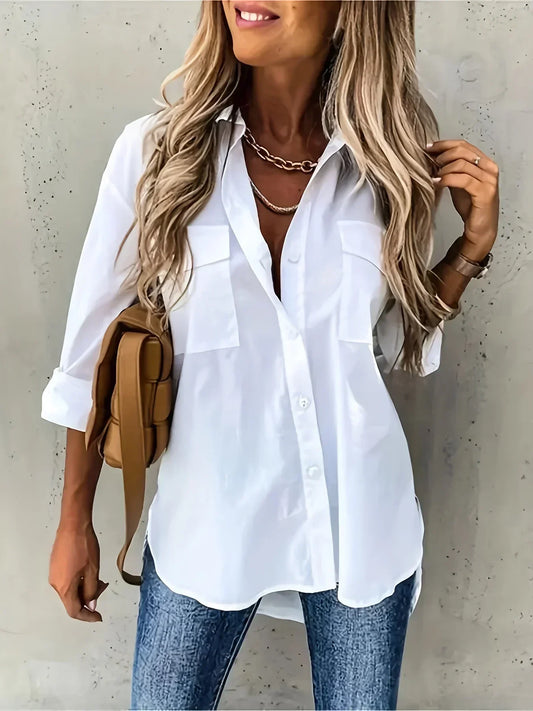 Plus Size 1XL-5XL Women Fashion Solid Color Lapel Shirt Pocket Decoration Shirt Casual Loose and Simple Long Sleeved Shirt
