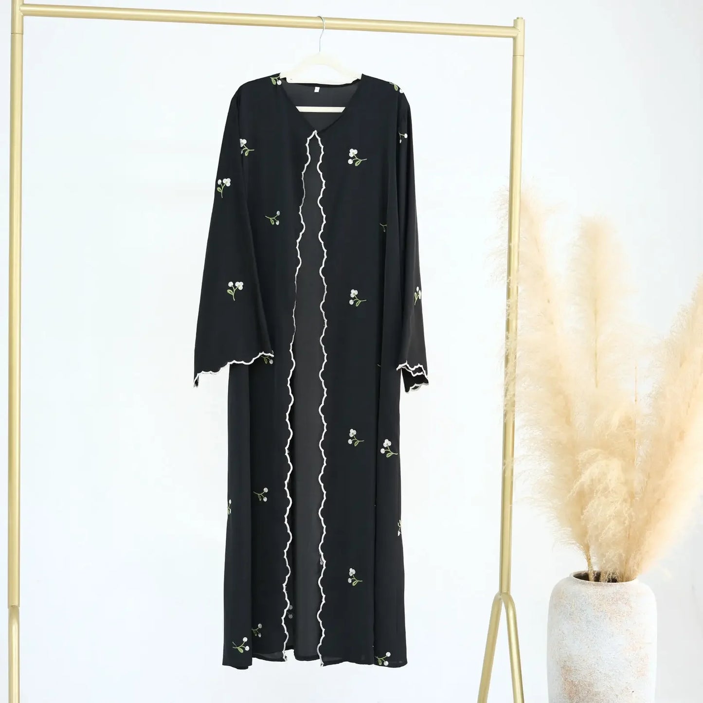 Long Sleeved Open Wavy Abaya For Women Embroidery Flower Kimono Cardigan Dubai Muslim Loose Burqa Islamic Dress Robe Kaftan