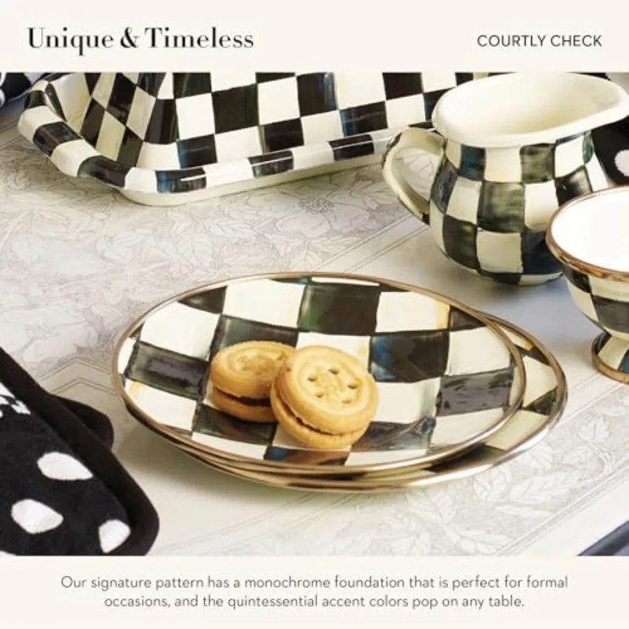Enamel Saucer Small Enamel Plate for Teacups Black-and-White Courtly Check
