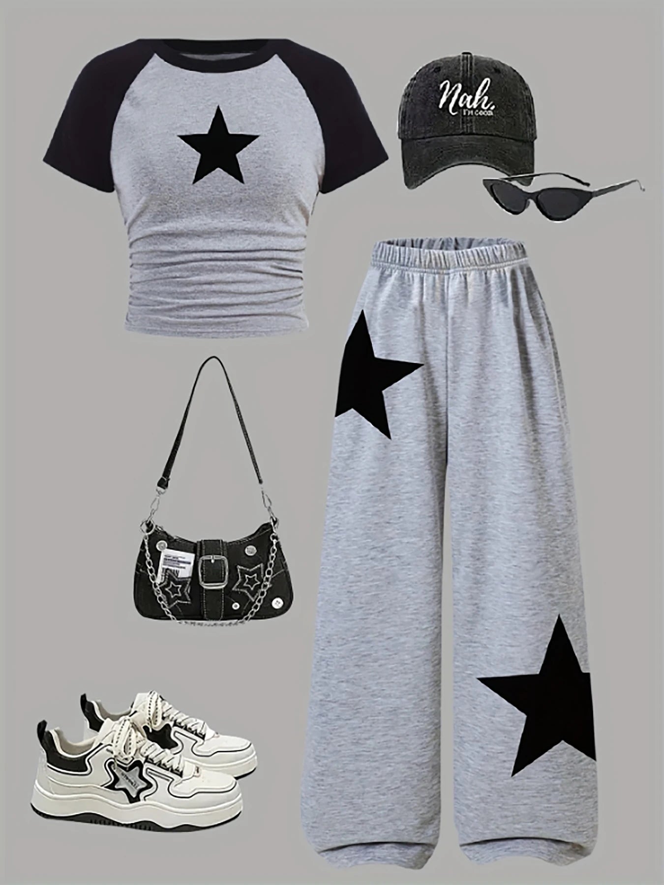 Trendy Items for Girls, Girls' Clothing, 2-Piece Girls' Set, Back-To-School Outfit, Star Pattern, Gray Wide-Leg Sweatpants, American Football, Volleyball, Thanksgiving, Halloween Outfits, Christmas Sweatpants, Suitable for Sp