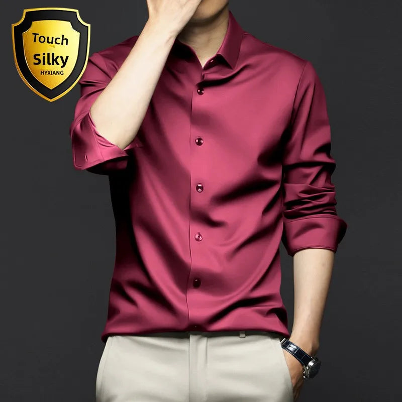 Business Casual Men's Long Sleeve Shirt Anti-Wrinkle Iron-Free Premium Ice Silk Black Slim Fit Polyester Fiber Square Collar