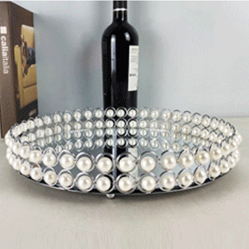 European Pearl-edged Glass Tray Ornaments Cosmetic Mirror Storage Tray Wedding Props Mirror Cake Rack Round Glass Plate