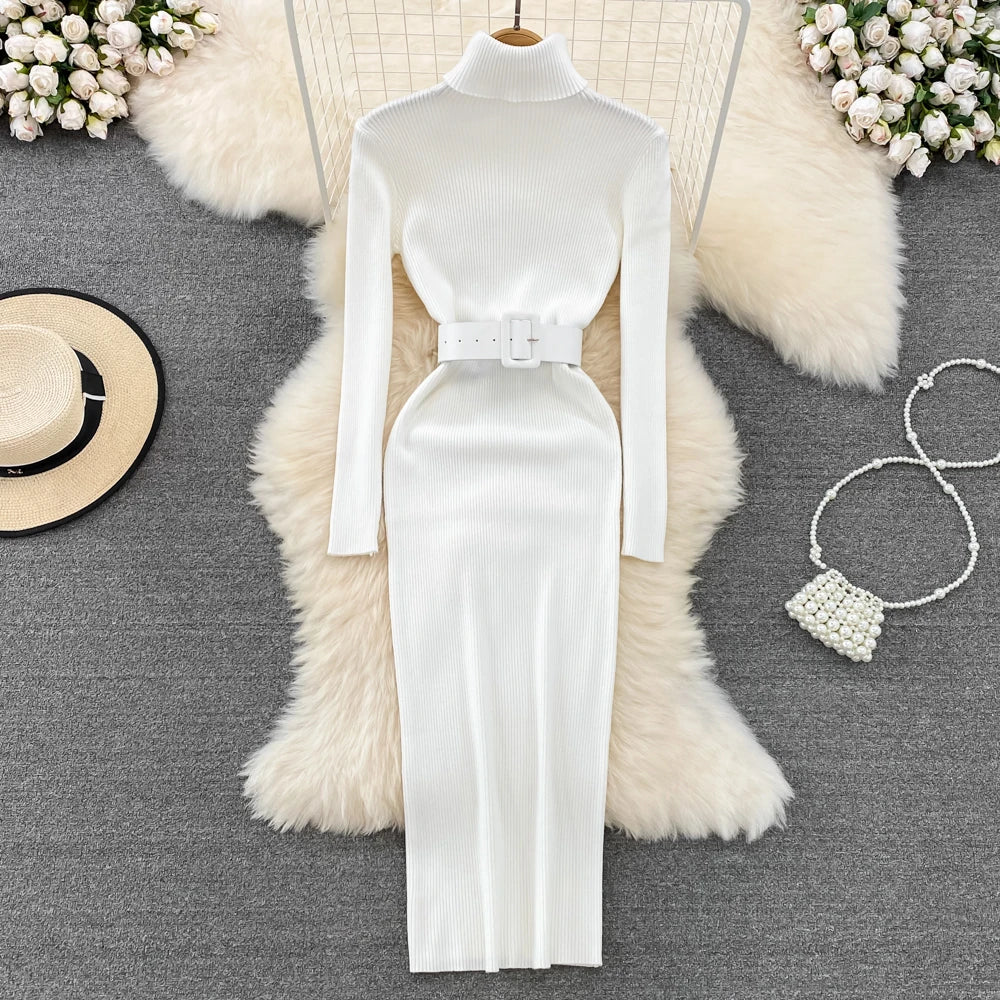 REALEFT Autumn Winter 2025 New Turtleneck Women's Knitted Dresses with Belted Long Sleeve Elegant Bodycon Wrap Dress Female