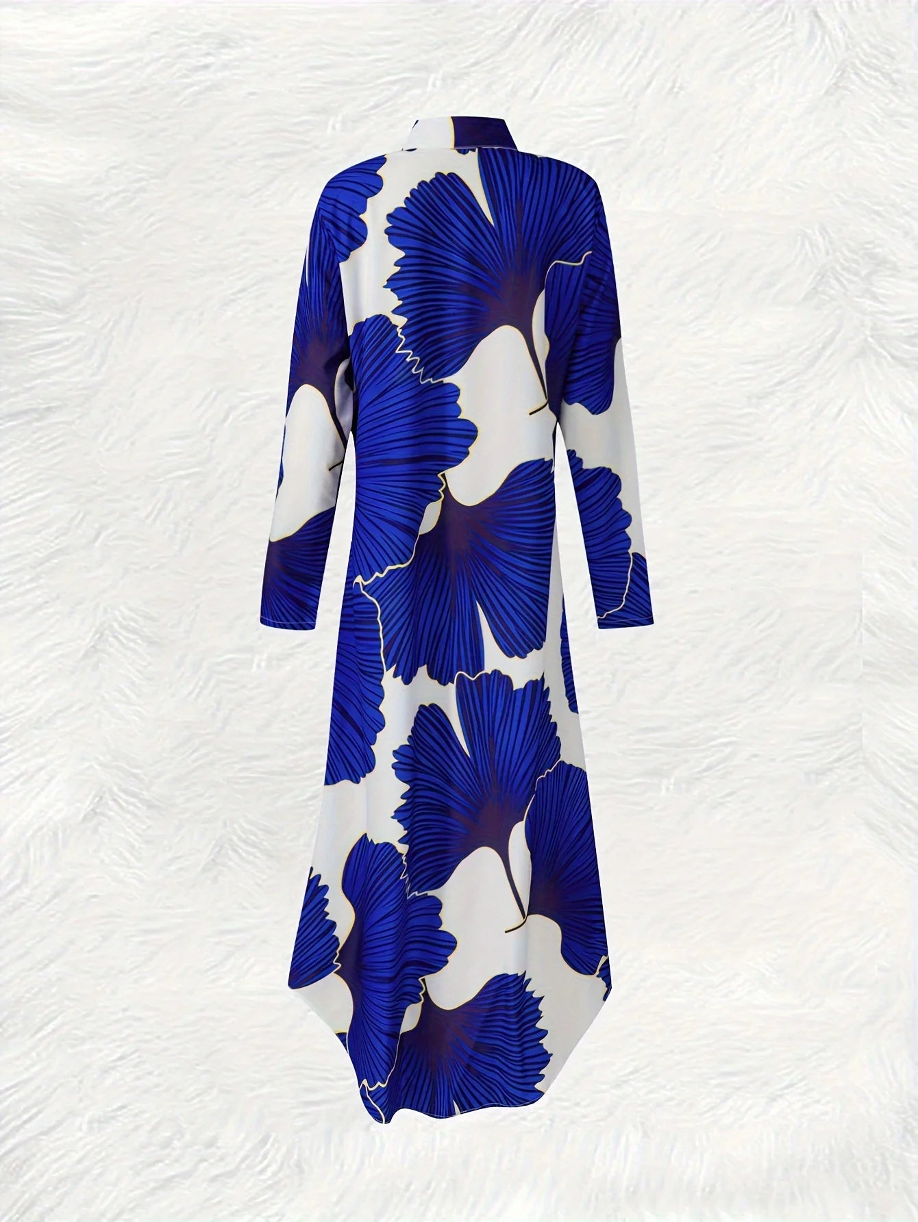 Printed Design Leisure style blue and white contrasting ginkgo leaf printed long sleeved dress