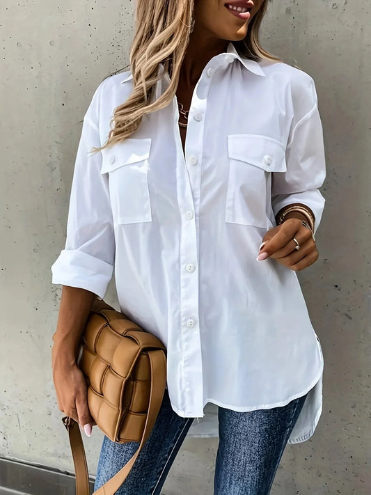 Plus Size 1XL-5XL Women's Solid Color Shirt Fashion Lapel Pocket Decoration Shirt Casual Loose and Simple Long Sleeved Shirt