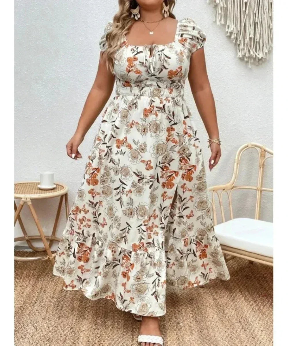 Plus Size 1-5XL Fashion Women's Suitable for Outdoor Flower Casual Long Party Dress Women Fashion Print Loose Summer Dress