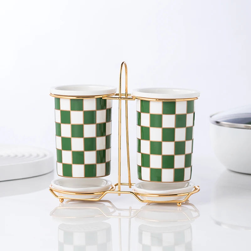 Checkerboard Ceramic Chopsticks Holder Drain Rack Chopsticks Basket Chopsticks Box Cutlery Box Storage Rack Wall-mounted Shelf