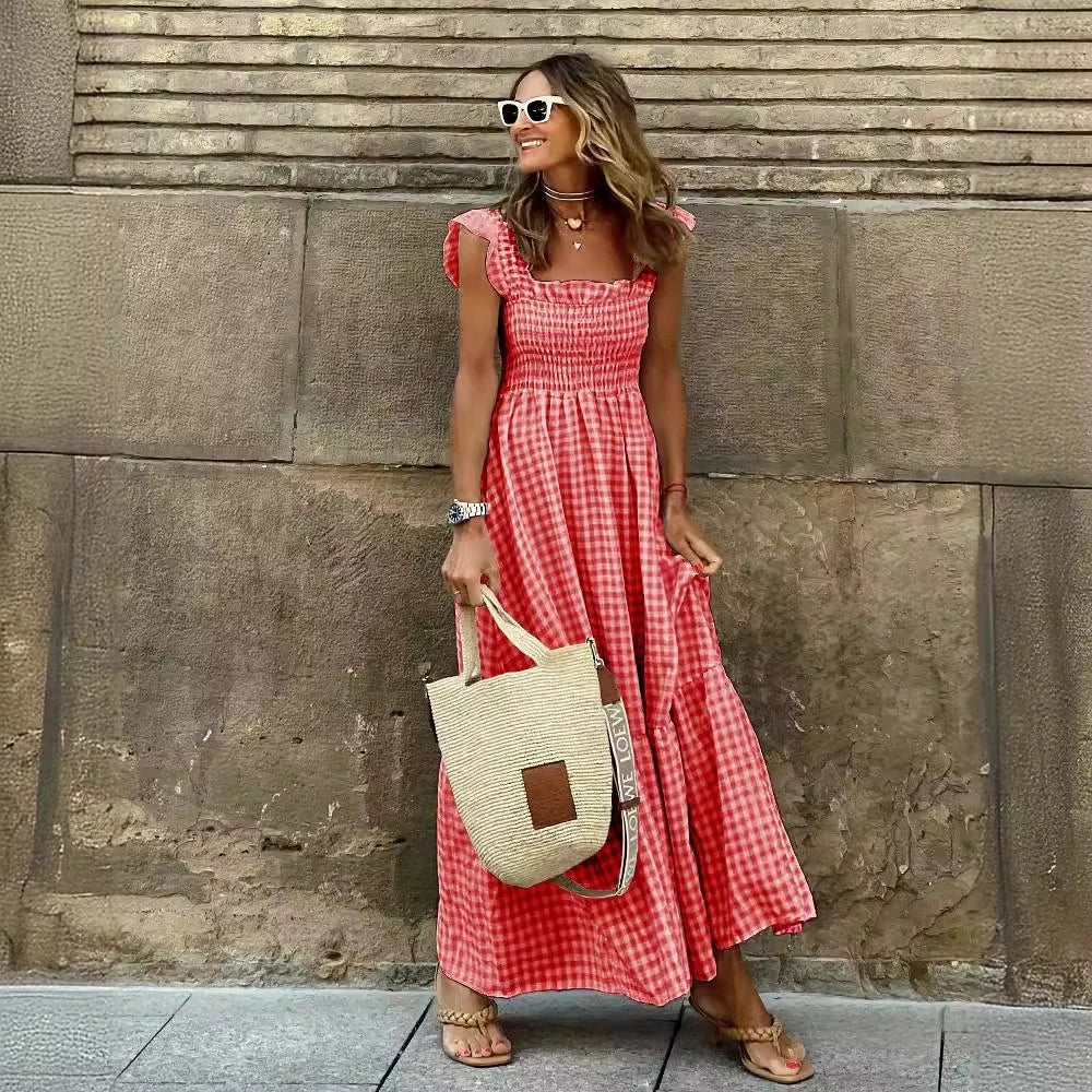2026 Summer European and American Women’s Retro Plaid Sleeveless Ruched Dress with Thin Straps and Ruffle Long Dress