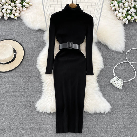 REALEFT Autumn Winter 2025 New Turtleneck Women's Knitted Dresses with Belted Long Sleeve Elegant Bodycon Wrap Dress Female
