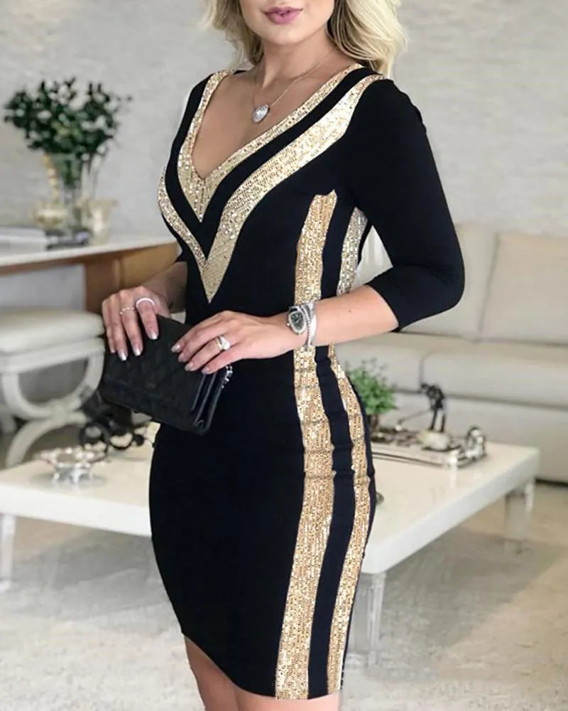 Elegant V-Neck Bodycon Dress for Women, Sexy Tight Fitting Party Dress, Slim Fit Clubwear, Evening Gown
