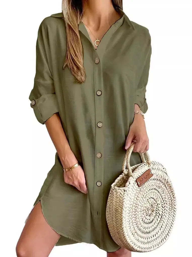 Women's Long Sve Collar Button up irt Dr High Waist Skirt Sle Casual Faion Polyester Fabric Iron Free Summer Dr