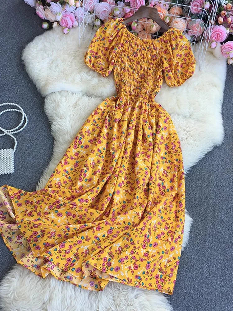 Beach Vacation Floral Print Dress Women Puff Sleeve Square Collar High Waist Dresses Korean Fashion Party Long Dress