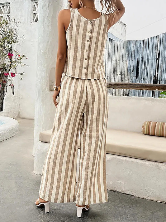 Loose Striped Round Neck Vest And Elastic Wide Leg Pants Two-Piece Set Button Detail Casual Comfortable Outfit