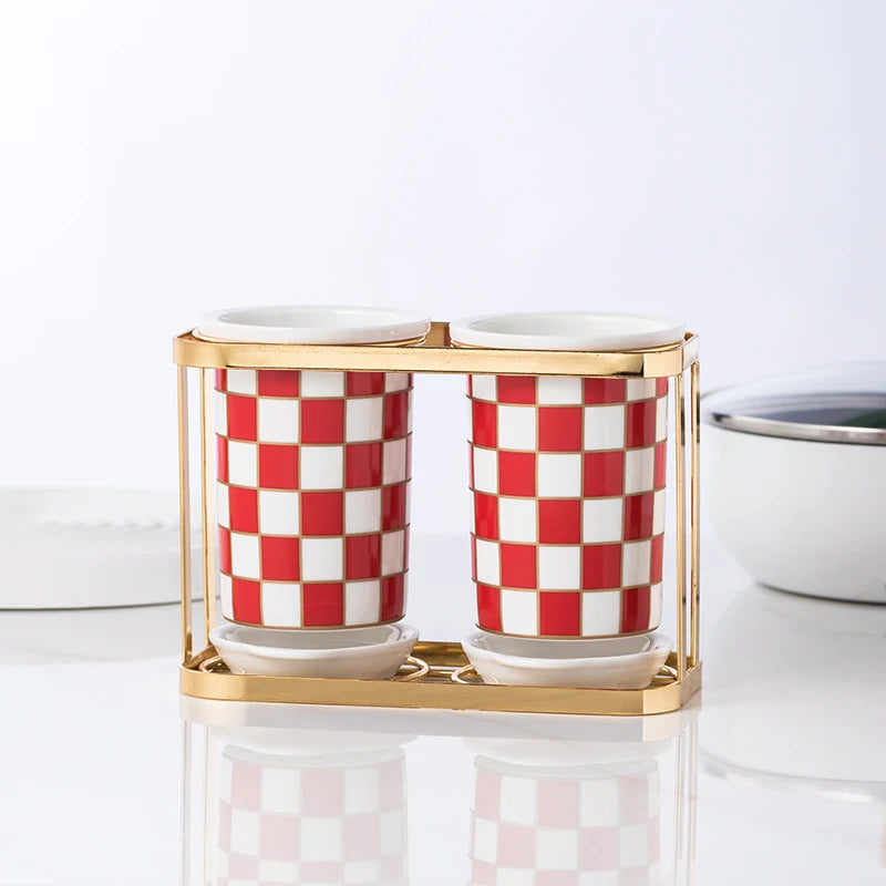 Checkerboard Ceramic Chopsticks Holder Drain Rack Chopsticks Basket Chopsticks Box Cutlery Box Storage Rack Wall-mounted Shelf