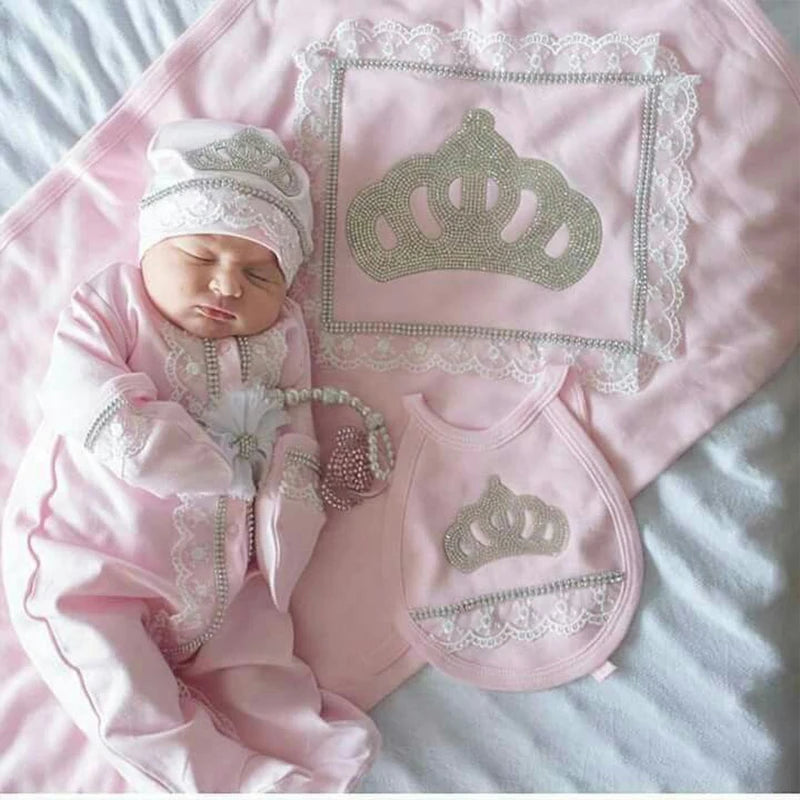 Baby Girl Boy Princess Prince Hospital Exit Newborn Bling Outfits Baby Bottles Gift Set Baby Shower Gift 5pcs Crown Romper